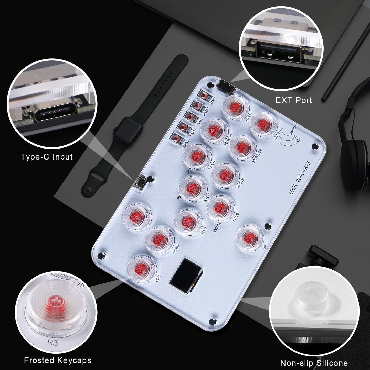 Arcade Stick Game Keyboard R13, Leverless Controller Arcade Stick with Turbo & Custom RGB, Silent All-Button Arcade Controller Street Fight