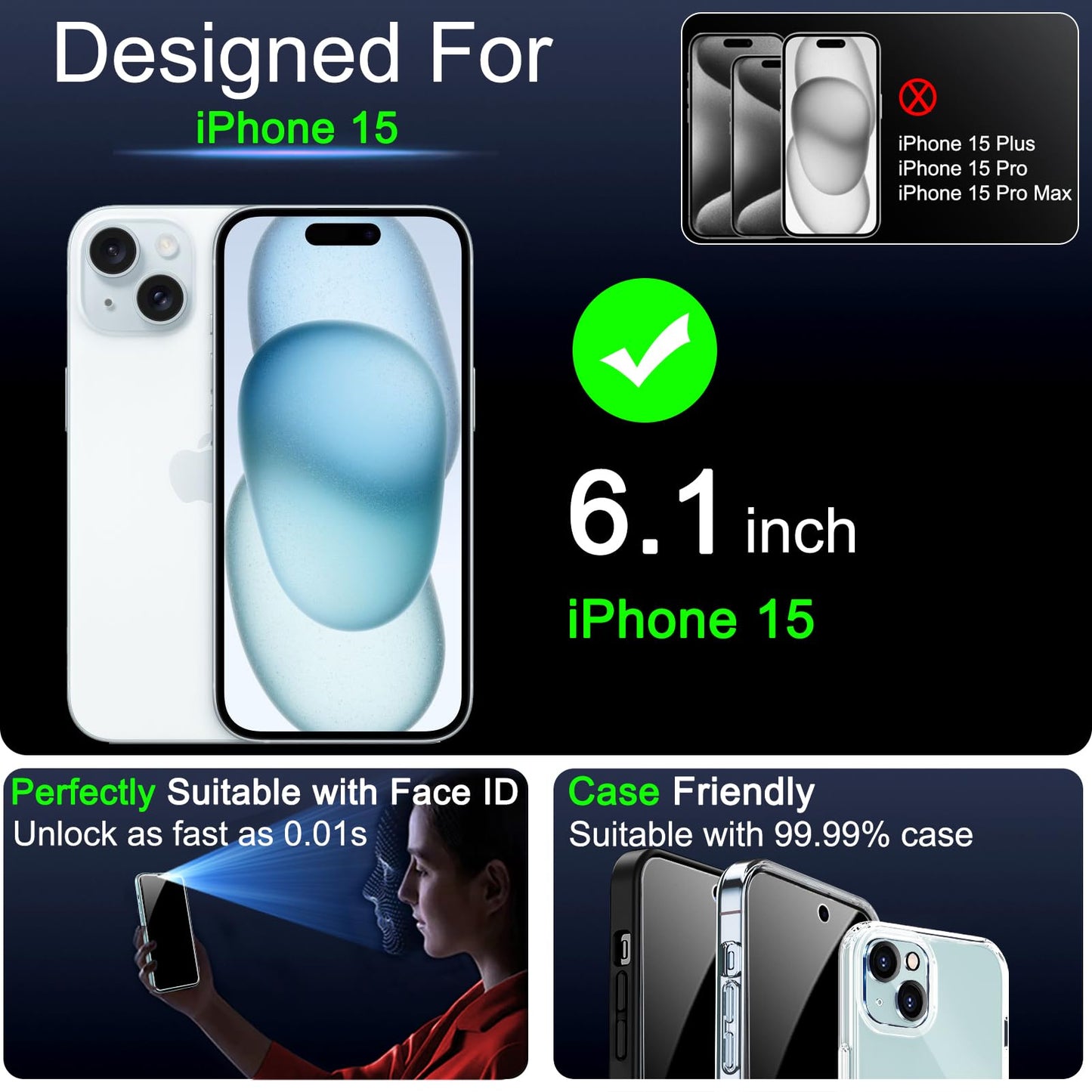 IMBZBK 3 Pack Privacy Screen Protector for iPhone 15,Tempered Glass