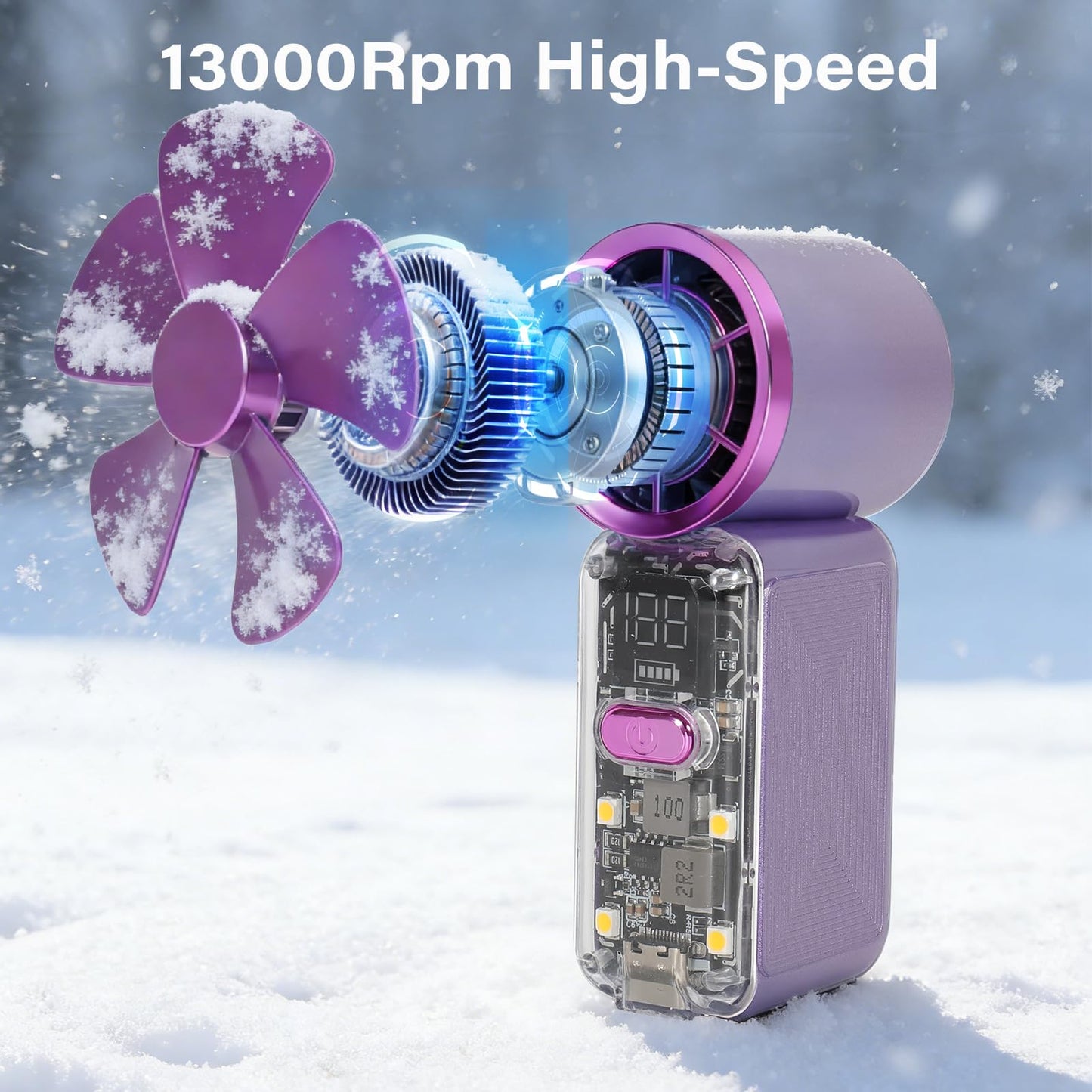 Samffy Handheld Portable Turbo Fan with Lights, Cyberpunk Mini Fan with LED Display &5 Speeds,USB C Rechargeable Small Pocket Fan