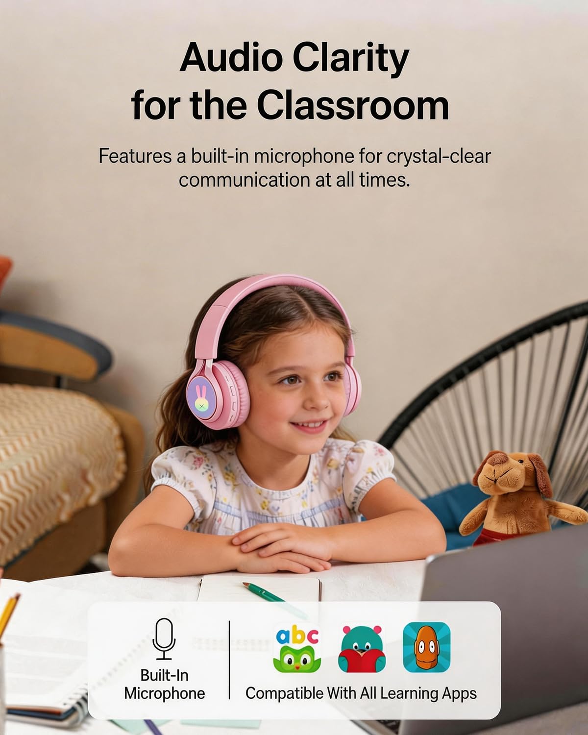 Goberistmal LED Bunny Kids Bluetooth Headphones, Lightweight Wireless & Wired Headphones for Kids, 85dB Volume Limited, Over-Ear Toddler Headsets