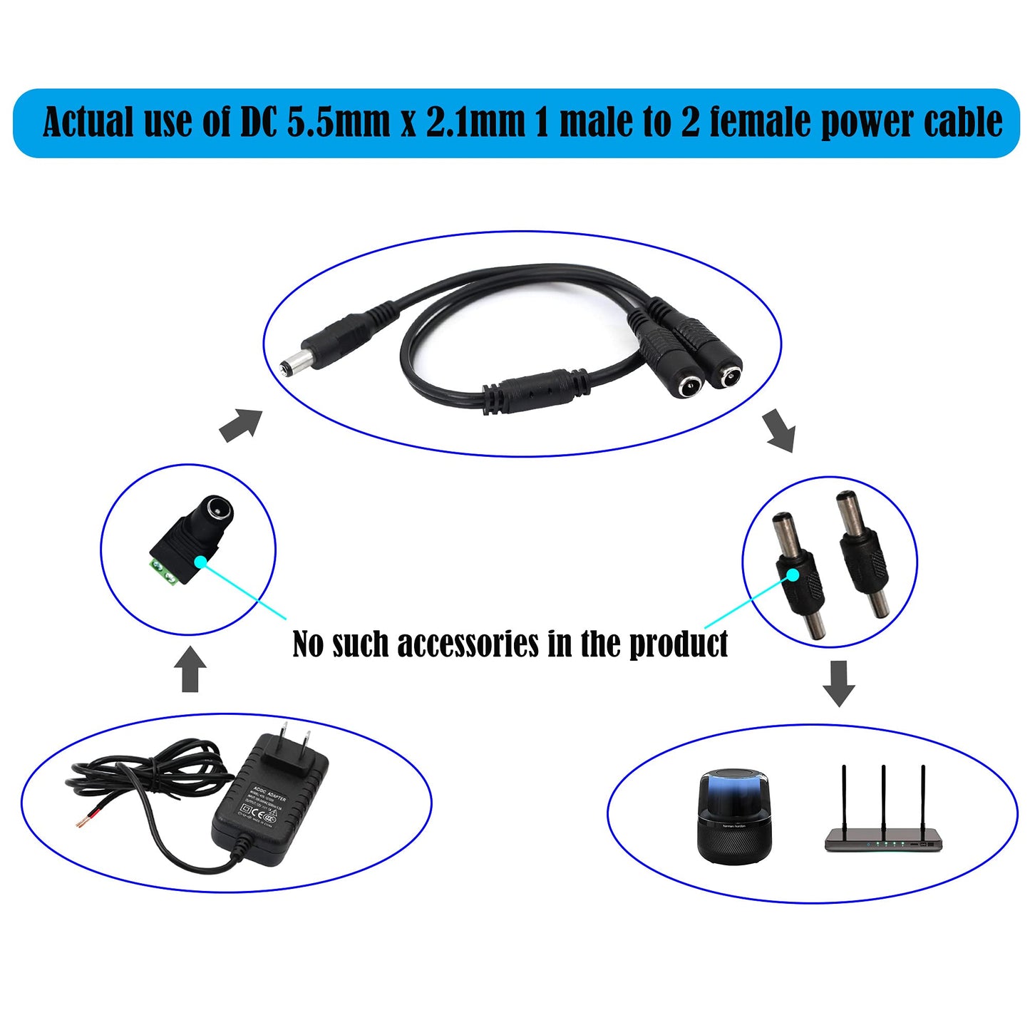 GINTOOYUN DC Y Splitter Cable 1 Male to 2 Female,5.5mm x 2.1mm DC Power Extension Adapter Cable,for CCTV Surveillance Cameras,Surveillance