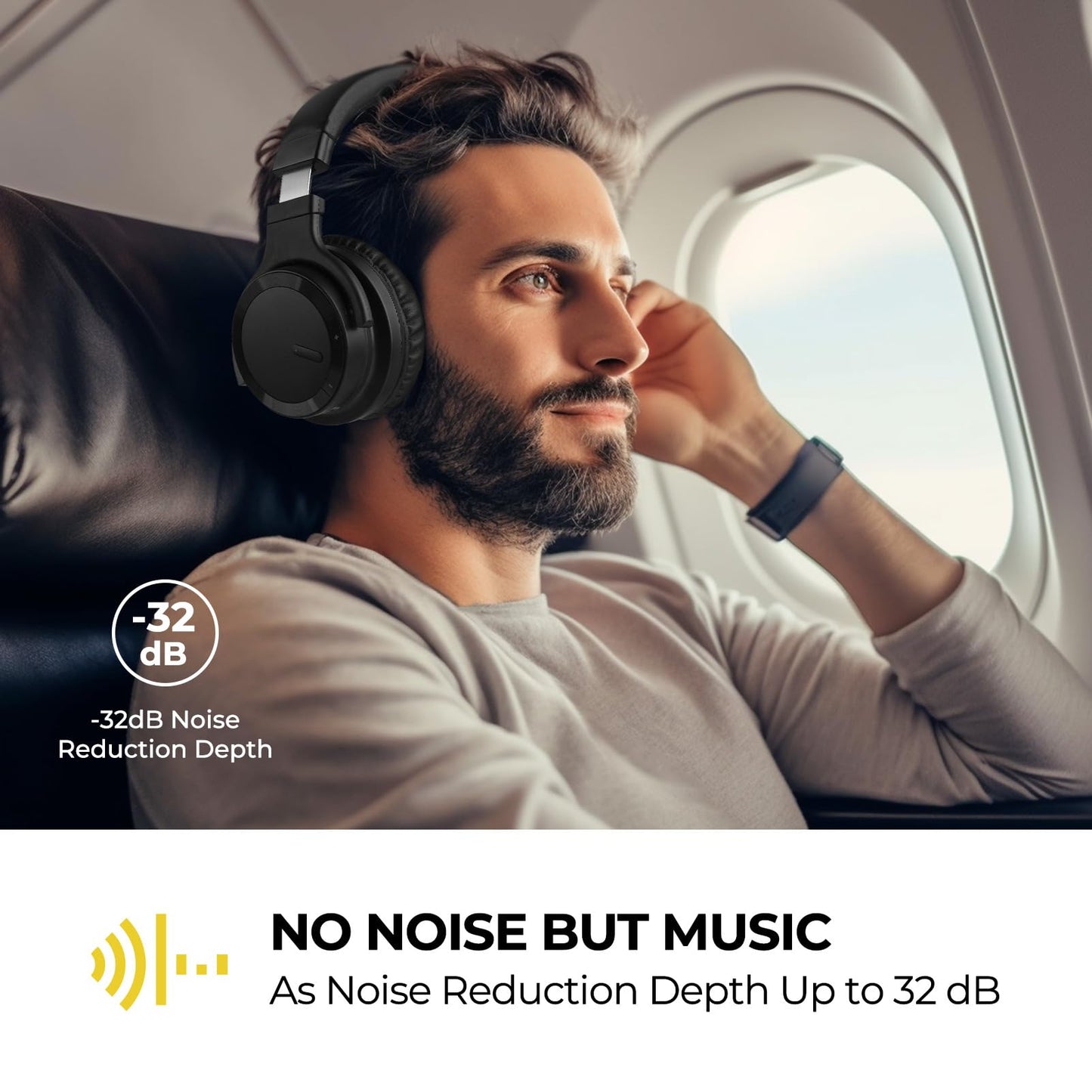 Commalta E7 Active Noise Cancelling Wireless Bluetooth Headphones With Rich Bass, Clear Calls, Bluetooth 5.0, 30 Hours Playtime, Comfort Fit, Black