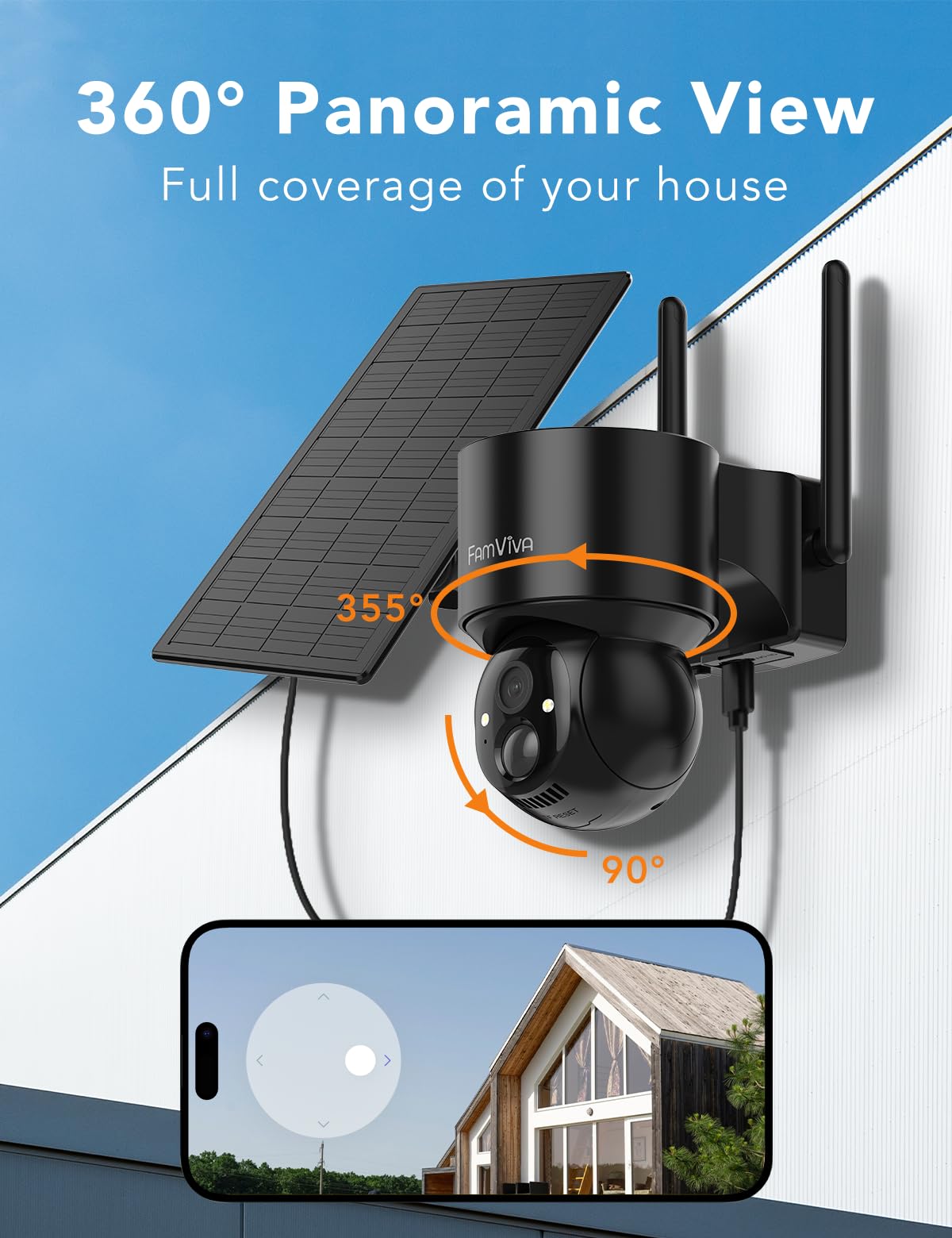 2K Solar Security Cameras Wireless Outdoor, 360°PTZ Battery Powered Cameras for Home Security, 2.4G WiFi Outdoor Camera with Color Night Vision, IP66