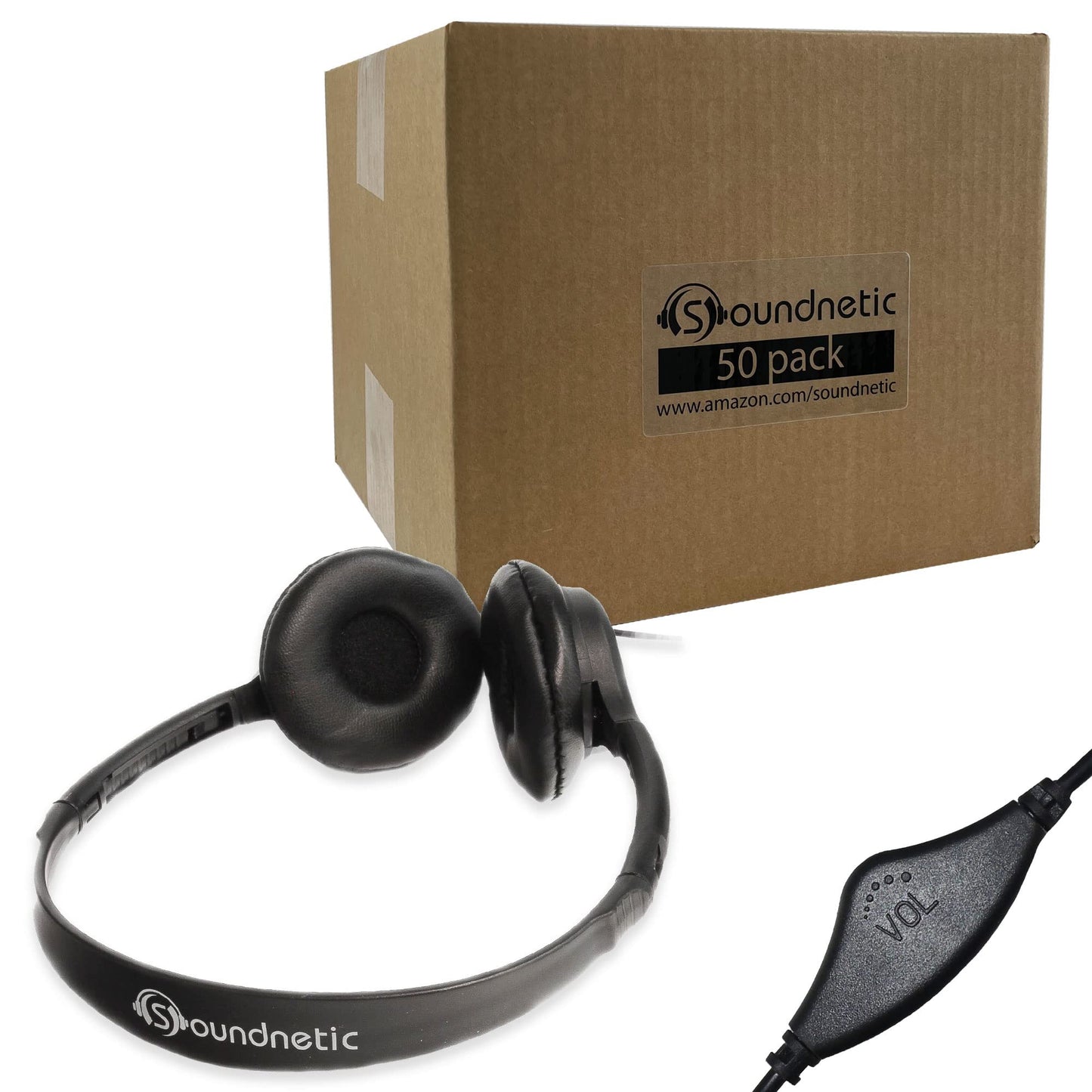 Soundnetic SNCCV Bulk Classroom Headphones 50 Pack - Stereo Headphones with Leatherette Earpads & Volume Control, Black - Ideal for Schools
