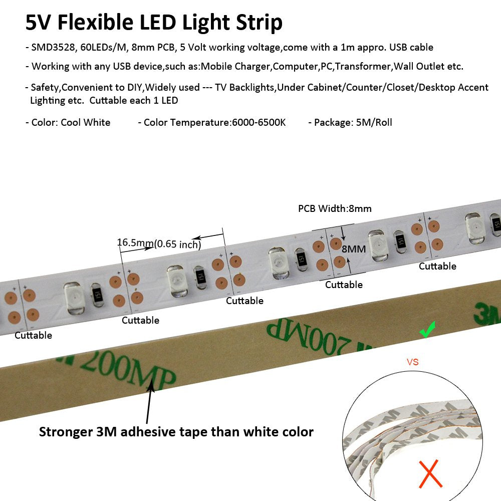USB LED Strip Light White 5V 5M 300 SMD 3528 with 3M Tape for TV PC Computer Case Back Lighting,Under Counter Light (Non-Waterproof, Cool White
