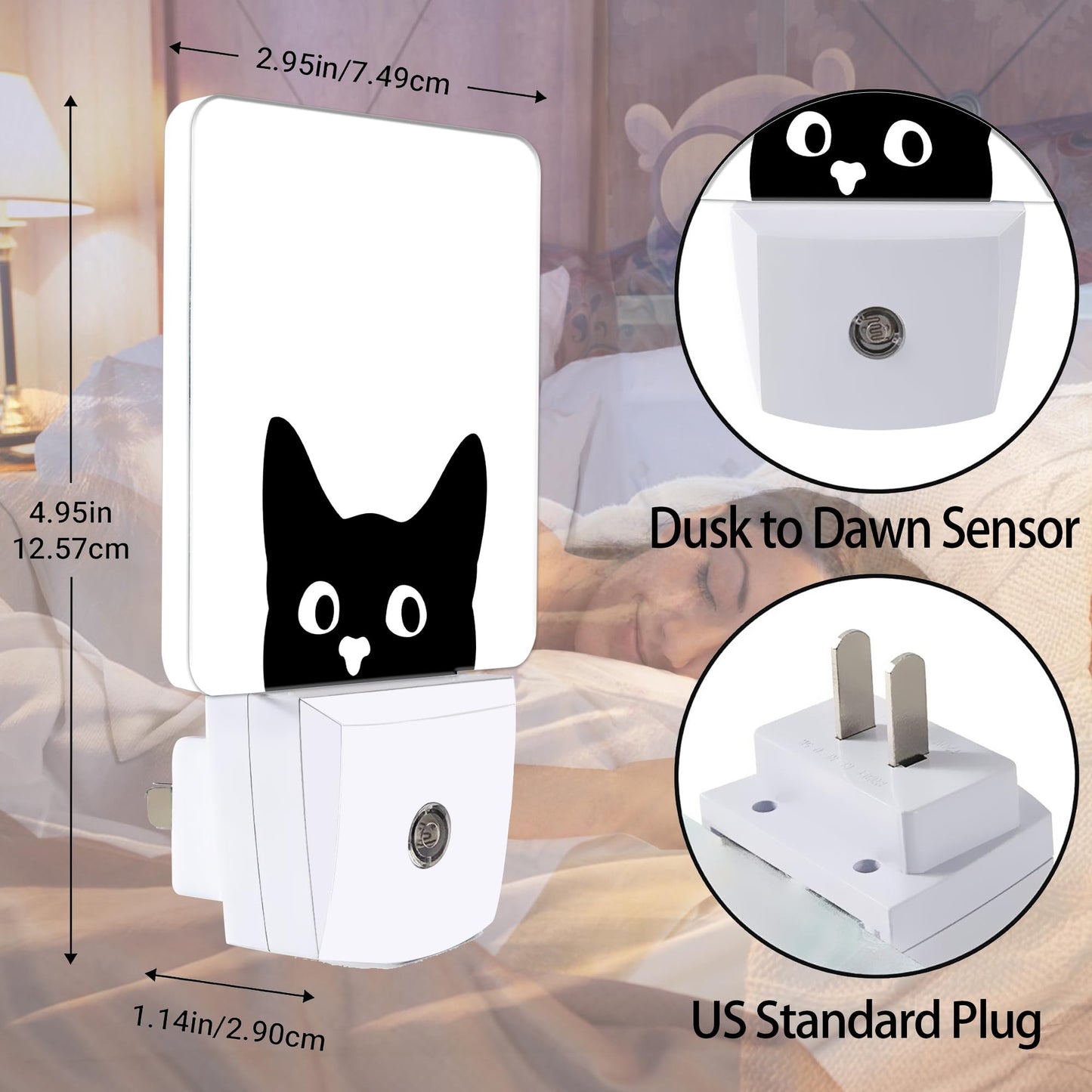 Jopowide Black Cat Cute Dusk to Dawn Night Light, Auto Sensor Lamp Home Indoor Stairway Kitchen Corridor, Night Lights Plug into Wall Decor, Boys