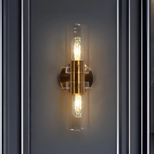 GEPOW Sconces Wall Lighting, Modern Gold Wall Sconces Indoor with Clear Glass Shade, 2-Light Plating Brass Bedroom Bathroom Wall Sconce Light Fixtures