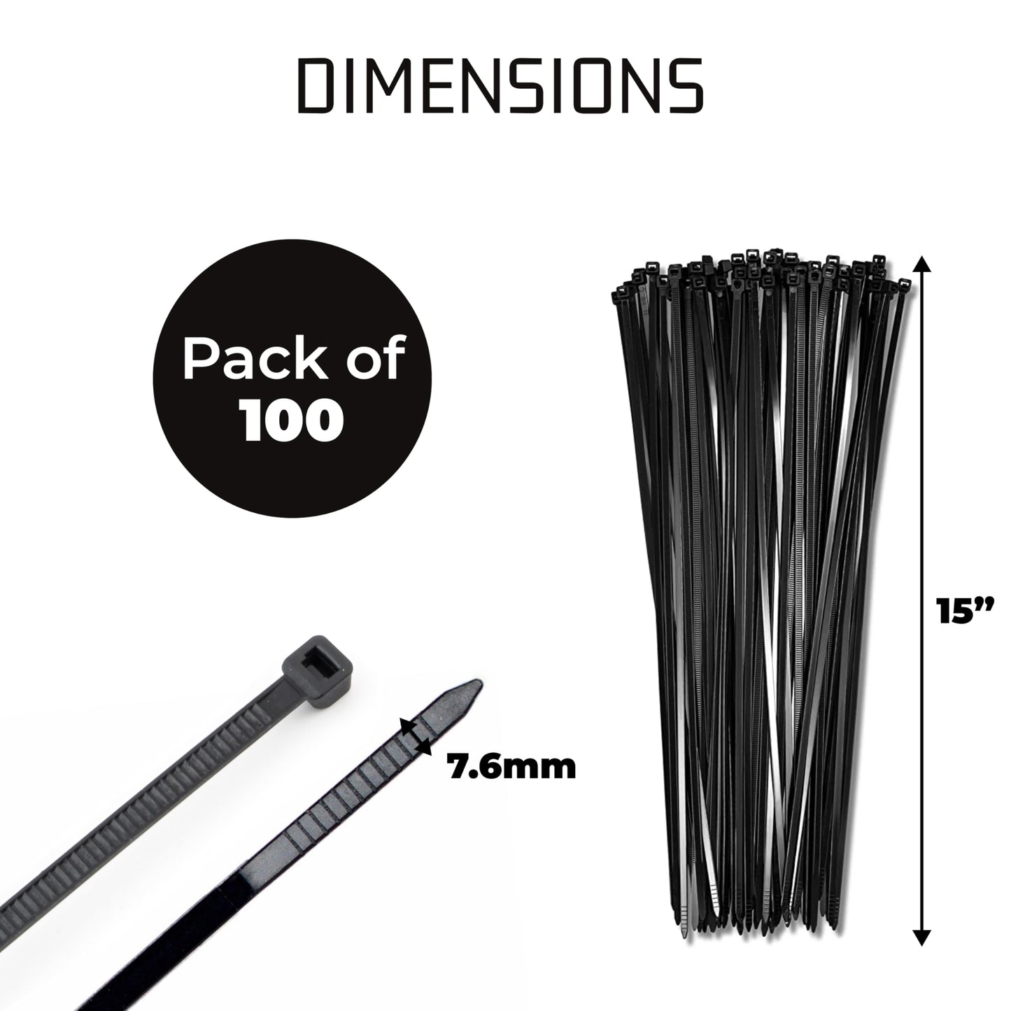 15" Black Zip Cable Ties (100 Pack), 120lbs Tensile Strength - Heavy Duty, Self-Locking Premium Nylon Cable Wire Ties for Indoor and Outdoor by Bolt