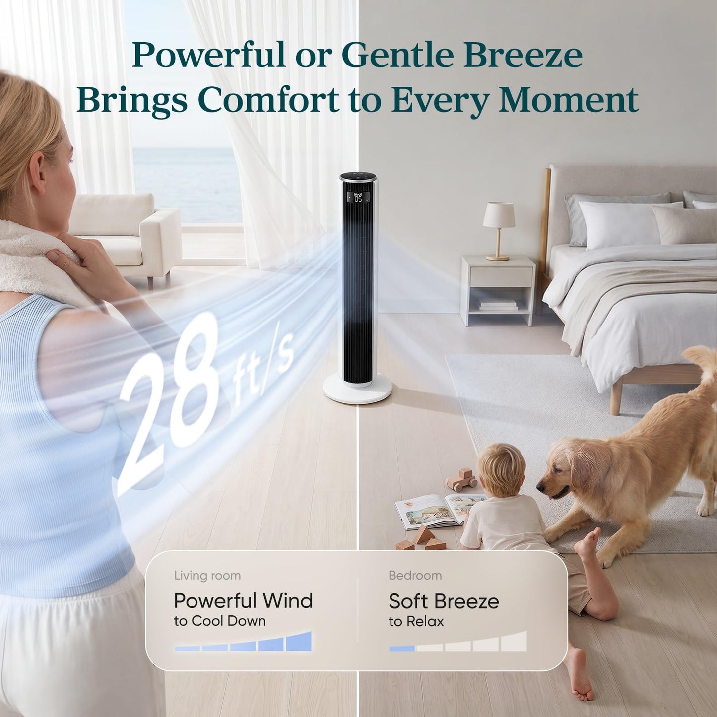 Levoit Tower Fan for Bedroom, 28ft/s Fans that Blow Cold Air, 28dB Quiet