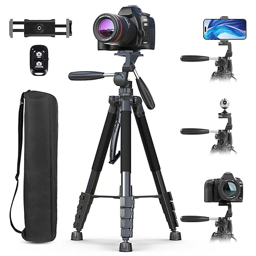UBeesize 74" Camera Tripod with Phone Holder and Remote, Heavy Duty Tripod Stand with Portable Bag for Phone and Camera, Compatible with DSLR Cameras