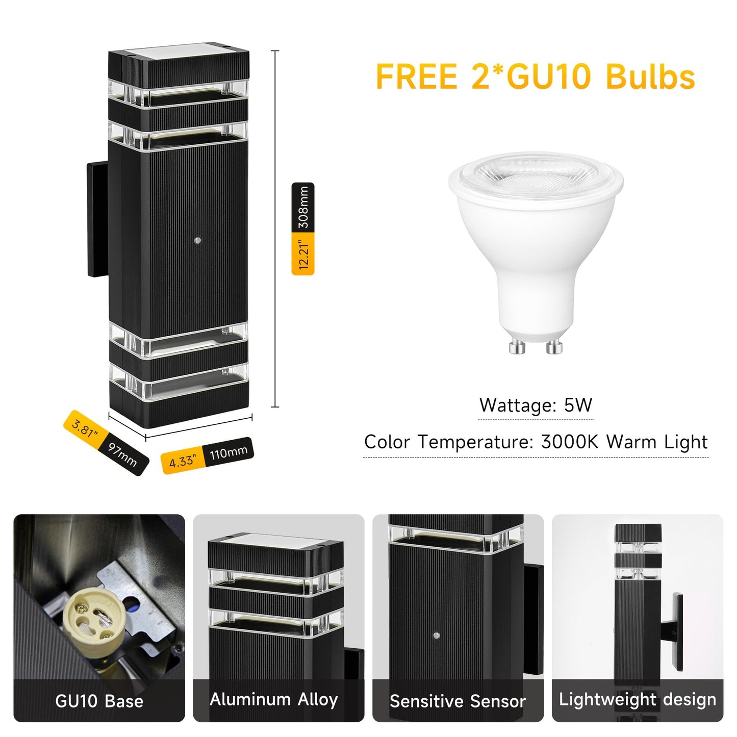 CANMEIJIA Dusk to Dawn Outdoor Sconce Lights 2 Packs,GU10 3000K Exterior Wall Light IP65 Waterproof Aluminum Outdoor House Lights Wall Mount for House
