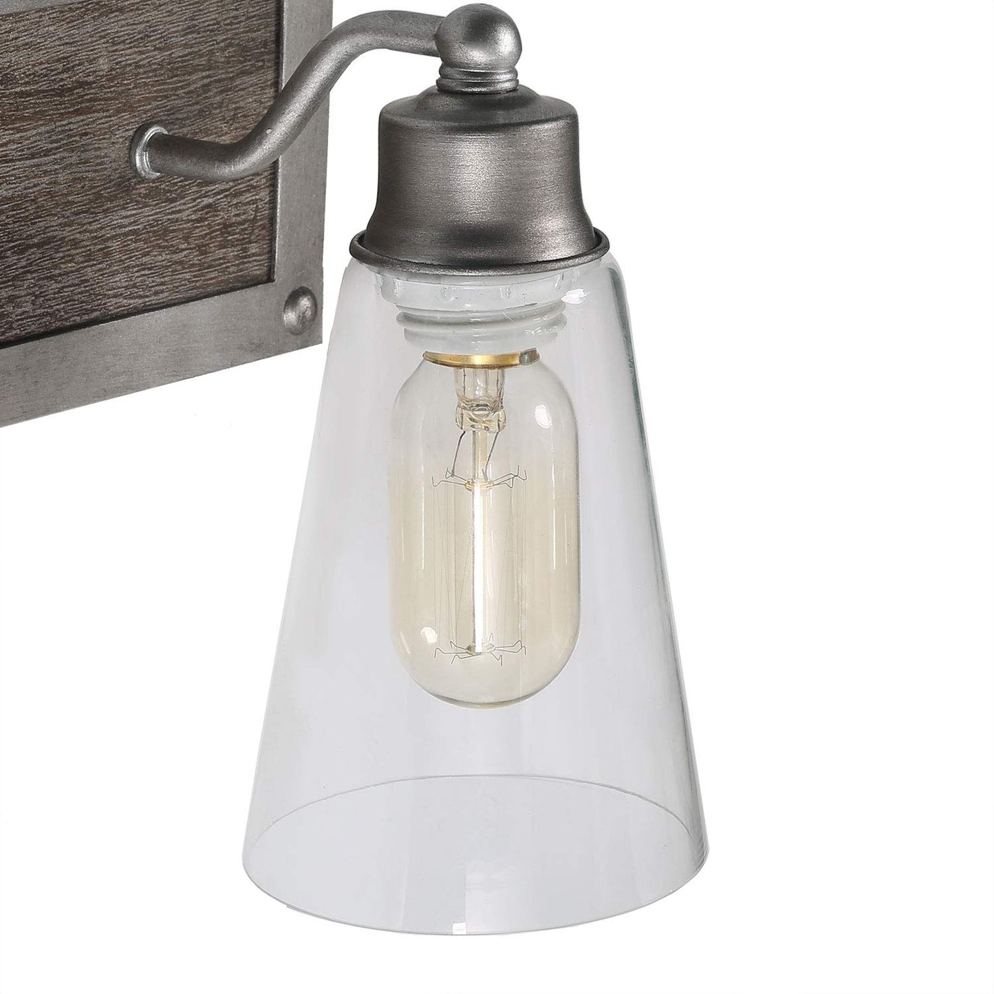 LOG BARN 2 Lights Bathroom Lighting in Real Distressed Wood and Brushed Antique Silver Finish with Cone Clear Glass Shades, 14.1" Vanity Light Fixture