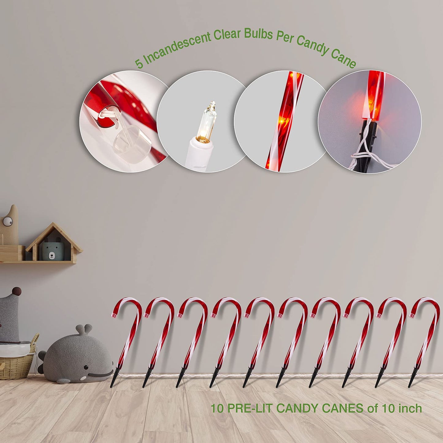 Candy Cane Christmas Lights Outdoor, 10 inch Lighted Candy Cane Yard Lights with Set of 10 Candy Canes Outdoor Walkway Christmas Lights Pathway Lawn