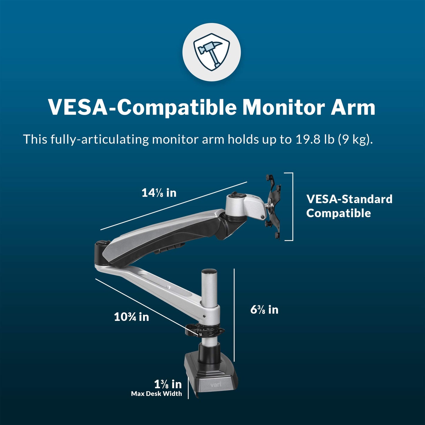 Vari Single Monitor Arm - VESA Monitor Mount w/ 360 Degree Adjustment - Monitor up to 27 inches, 19.8 lbs - Single Monitor Mount with Full