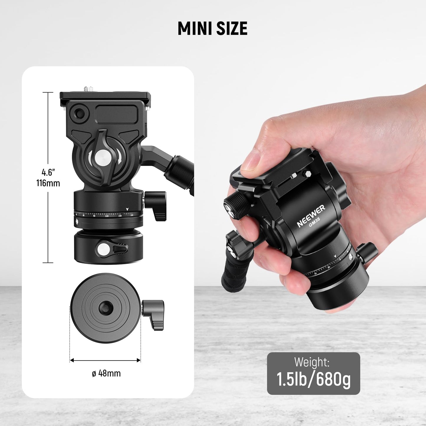 NEEWER Tripod Fluid Head with +/-7° Leveling Base (?48mm), Metal Mini Pan Tilt Video Head Mount with Arca Type QR Plate, Telescopic Handle for Compact