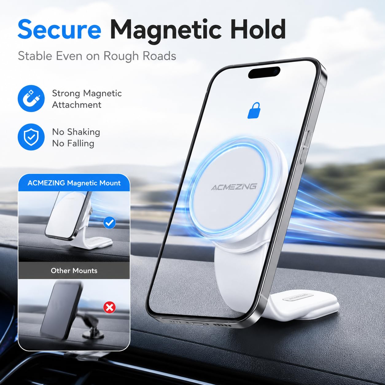 ACMEZING for MagSafe Car Mount, Flexible Memory Alloy Arm Magnetic Phone Holder for Car with 3M Adhesive Base, Dashboard Cell Phone Mount, White