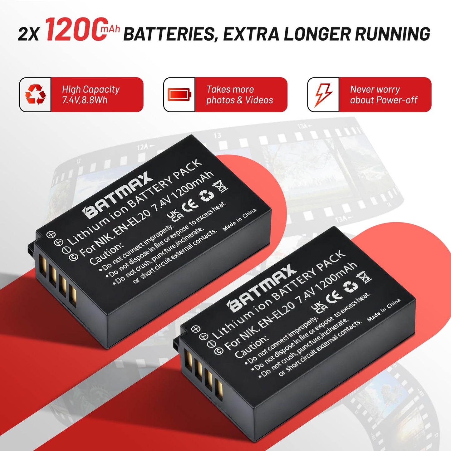 Batmax EN-EL20 Battery (2-Pack) + LED USB LCD Charger for Nikon EN-EL20 EN-EL20a Nikon P1000, P1100, DL24-500,1 J1, 1 J2, 1 J3, 1 S1, 1 V3, Coolpix A