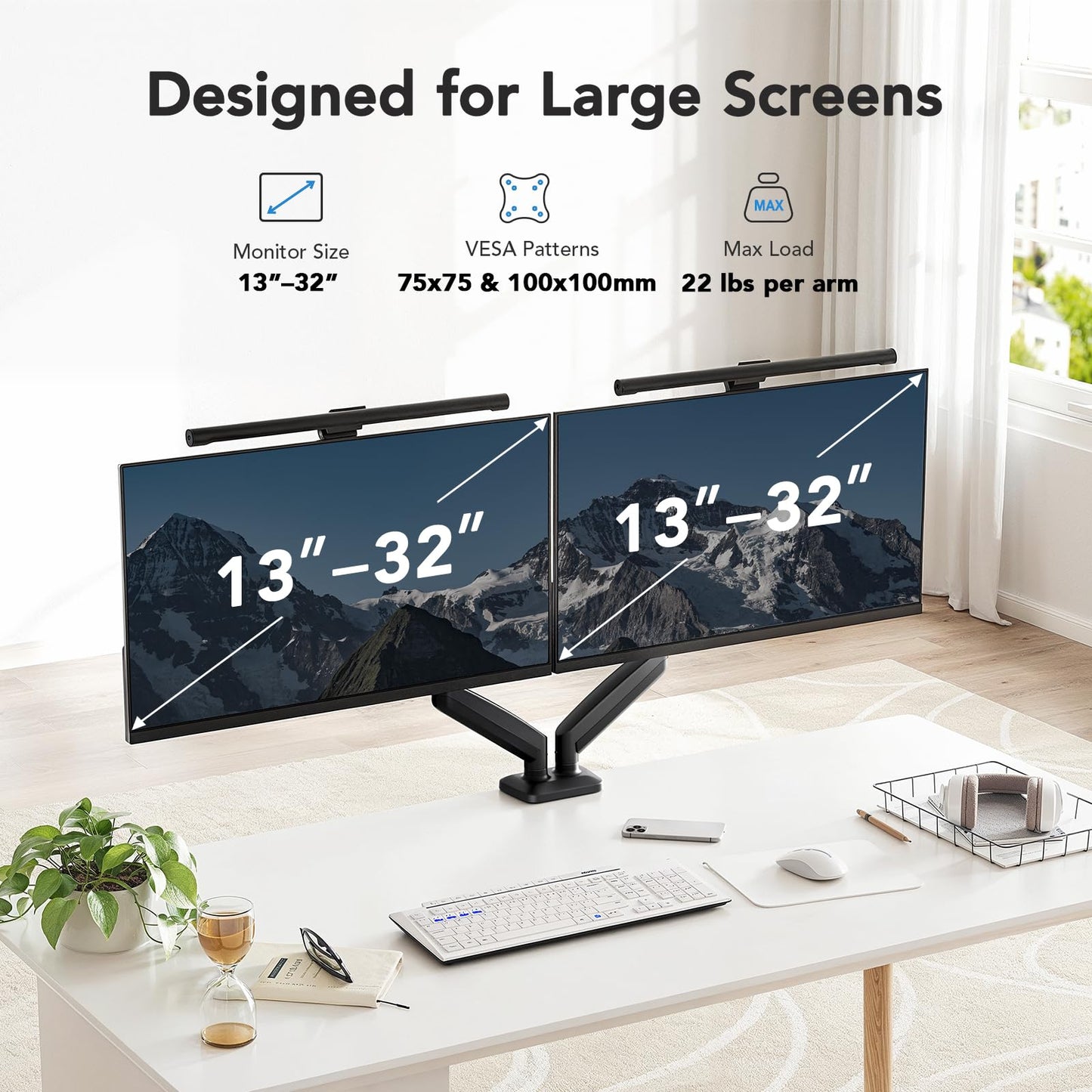 HUANUO Dual Monitor Mount, Mounts 2 Screens Up to 32 Inch, Holds 22 lbs per Arm, Dual Monitor Stand with Excellent Design, Height-Adjustable, Tilt