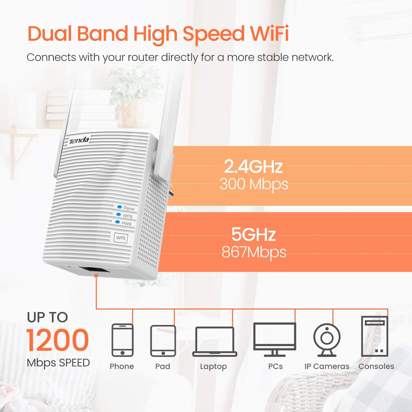 Tenda WiFi Extender, Strong AC1200 WiFi Range Extender with Ethernet Port, WiFi Signal Booster Covers Up to 1300 Sq.ft and 20 Devices, Dual-Band