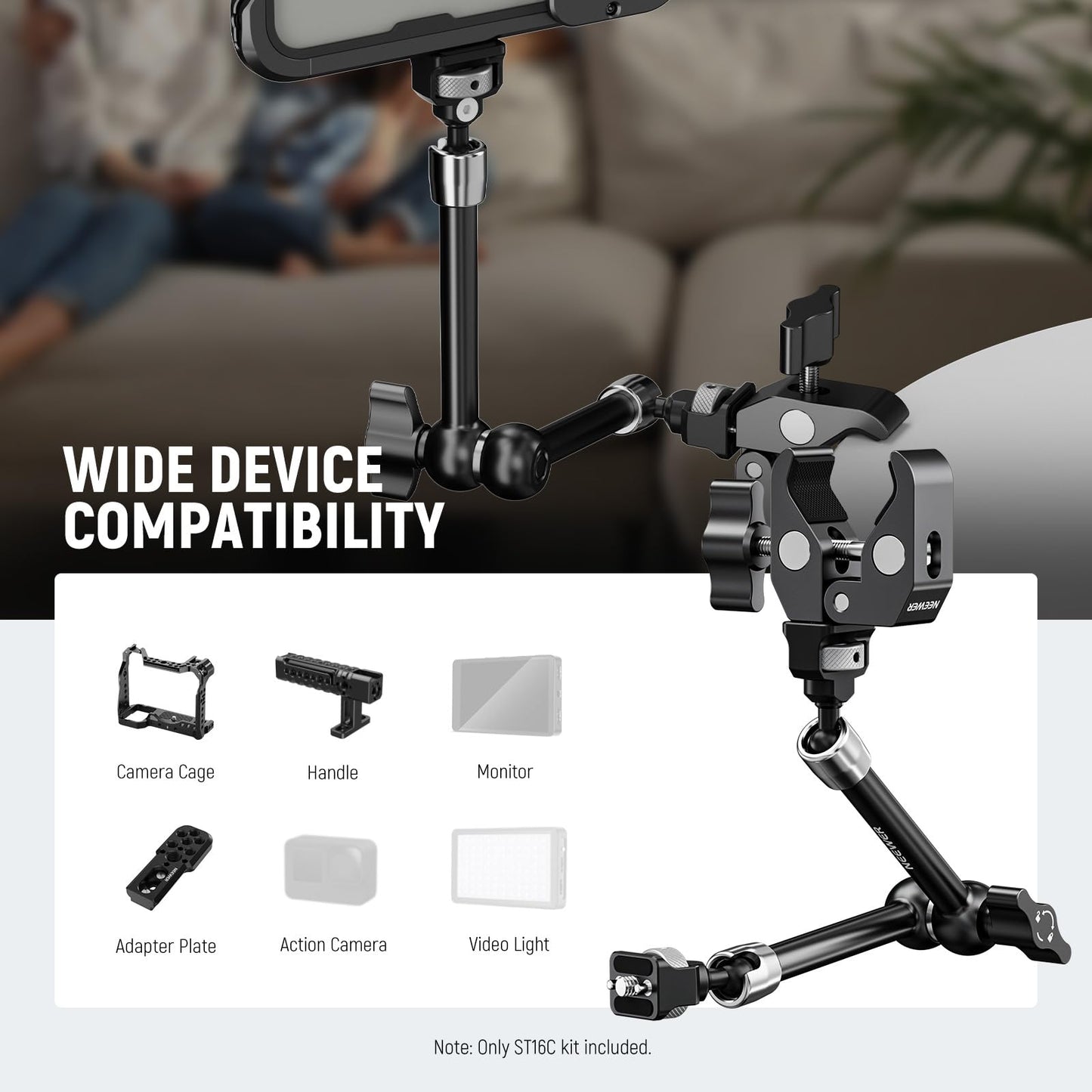 Neewer 11" Articulating Magic Arm Clamp Mount with Super Clamp, Camera Monitor Mount with 1/4" 3/8" ARRI Locating Pins & Holes for DSLR Action Camera