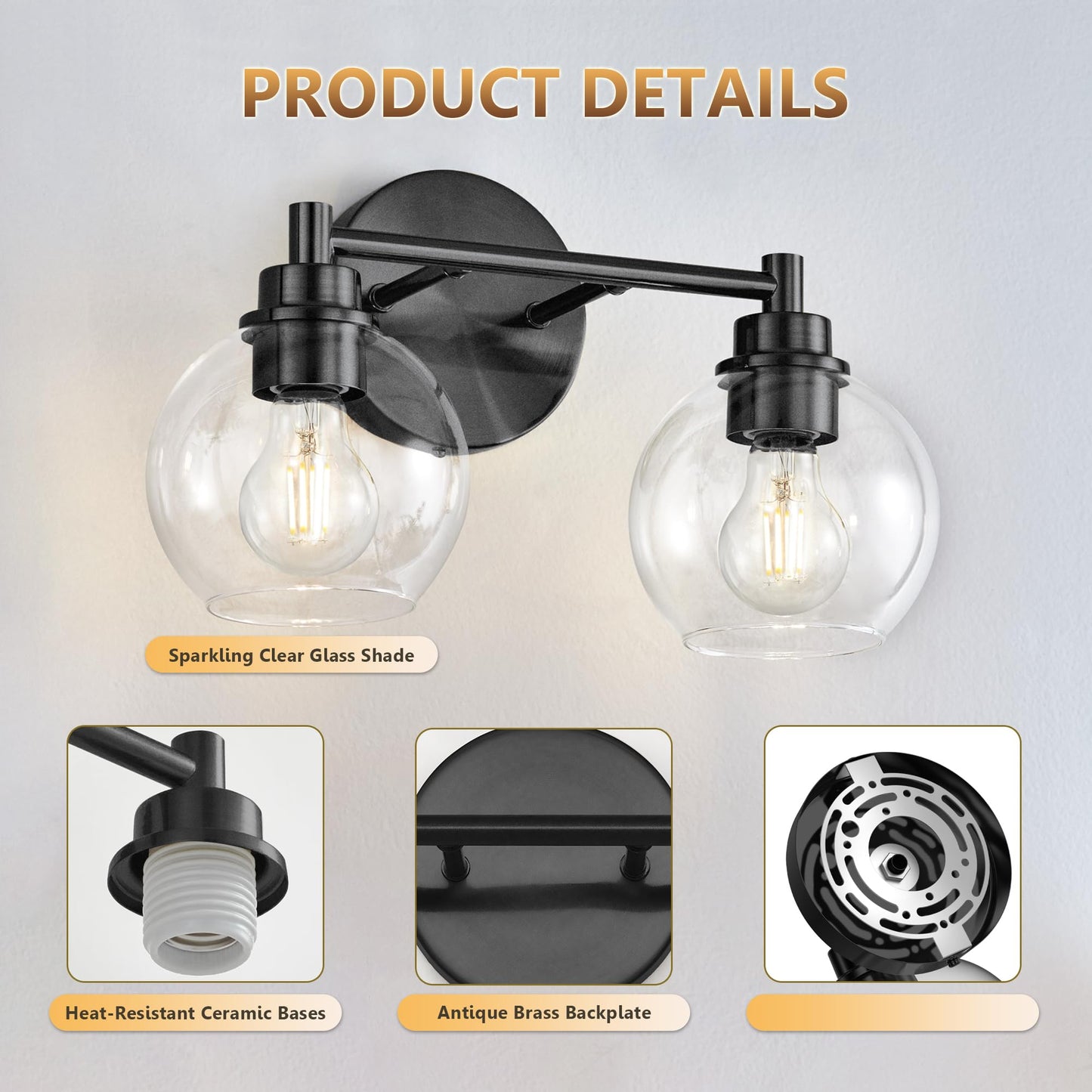 Bathroom Light Fixtures, Vanity Lights for Bathroom 2-Light Black, Bathroom Lighting Fixtures Over Mirror with Clear Glass Globe Shade, Bathroom