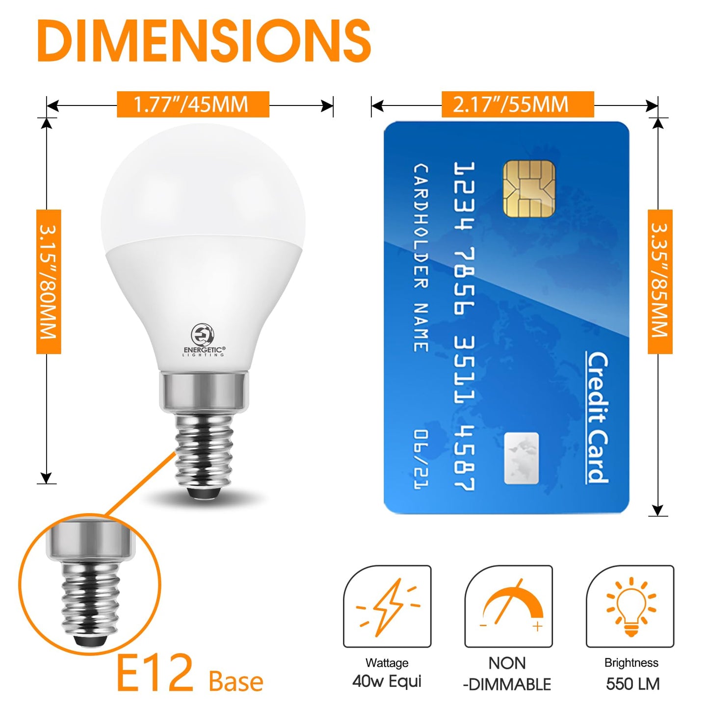 Energetic A15 LED Light Bulb, E12 Base Candelabra Base Chandelier Light Bulb, 5.5W(60w Equivalent),550 Lumen, 3000K Warm White, Non-Dimmable Ceiling