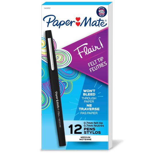 Paper Mate Flair Felt Tip Pens, Medium Point (0.7mm), Black, 12 Count - Teacher Supplies, Journaling, Note-Taking, Writing