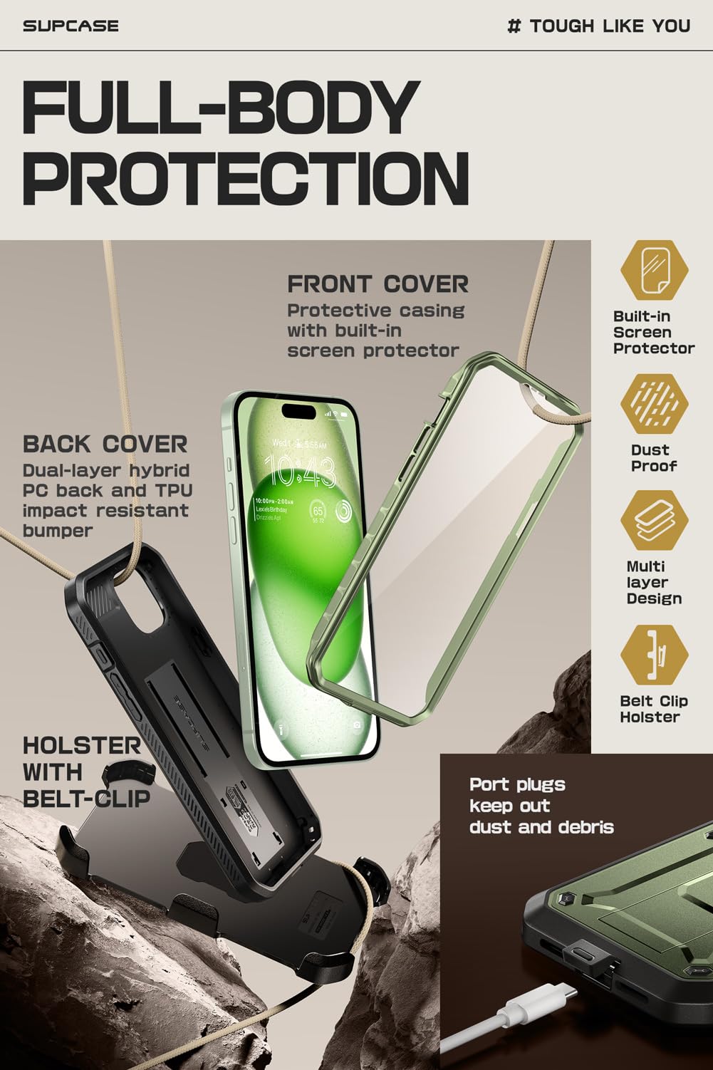 SUPCASE for iPhone 15 Case with Stand & Belt-Clip(Unicorn Beetle Pro), [Built-in Screen Protector] [Military-Grade Drop Protection] Heavy Duty Rugged