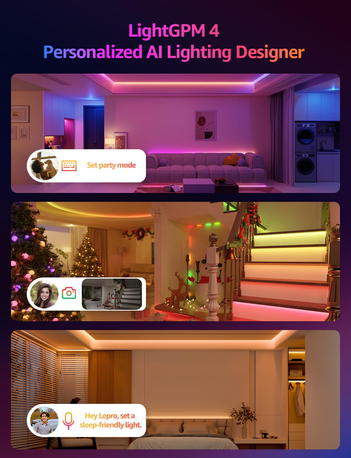 Lepro S2 AI Smart LED Strip Lights - 32.8ft RGBCW Light Strips with 2700K-5700K Tunable Warm White, Color Segment DIY, Personalized Al Lighting