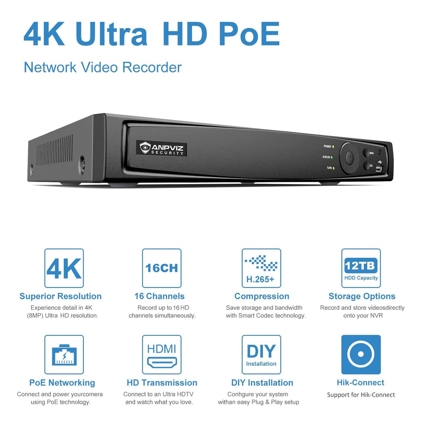 Anpviz AI 12MP 16CH POE NVR (12MP/8MP/6MP/5MP/4MP/3MP) Smart AI POE Network Video Recorder - Supports up to 16 x 12MP POE Cameras, 16-Channel Power