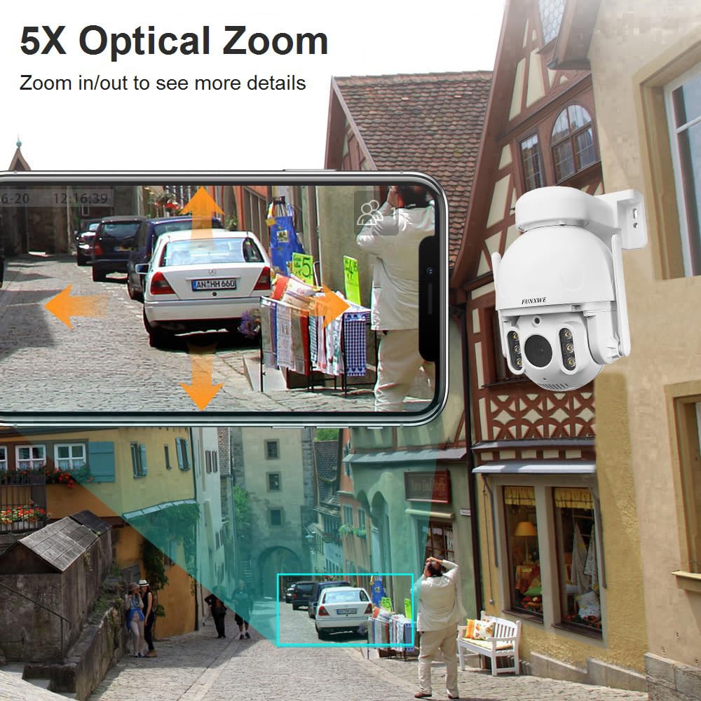funxwe 5MP 5X Optical Zoom PTZ Security IP Camera, WiFi 2.4GHz 5GHz Motion Auto Tracking Pan Tilt Dome Camera, Motion Detection Siren Alarm Color