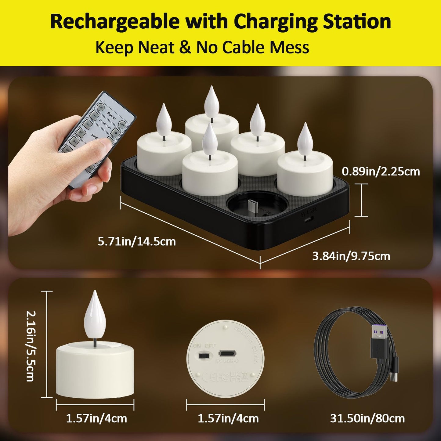 Yme Rechargeable Tea Lights with Remote Timer and Charging Base, 6 Pack LED Battery Operated Flickering Flameless Candles, Electric Tea Lights Votive