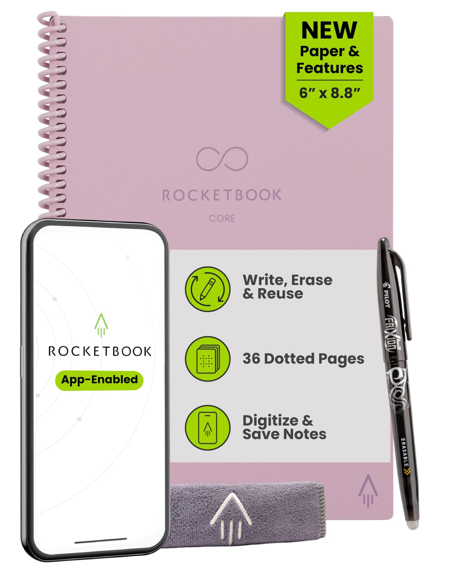 Rocketbook Core Reusable Smart Notebook, Executive Size 6x8.8, Pink