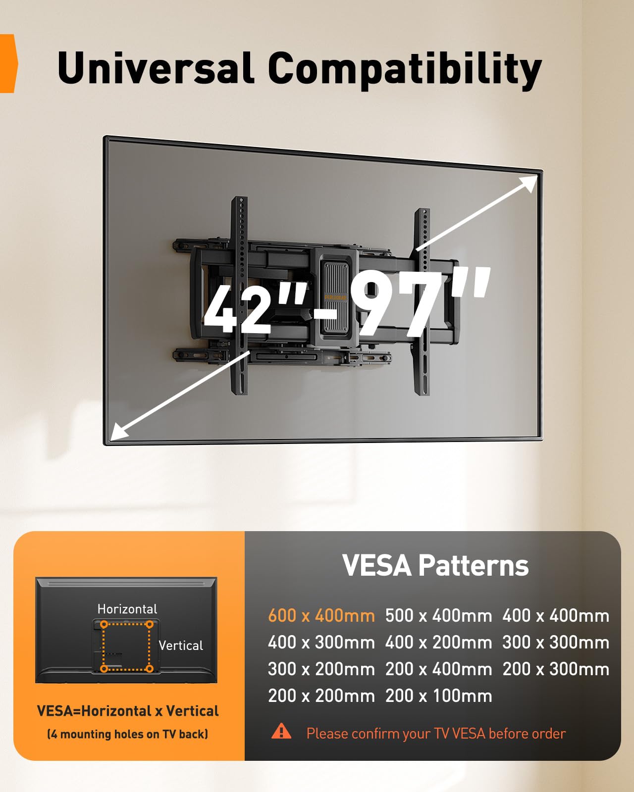 Perlegear Full Motion TV Wall Mount for 42-97 inch TVs up to 132 lbs, Preassembled and Telescopic Design for Easy Setup, Swivel, Tilt and Extension