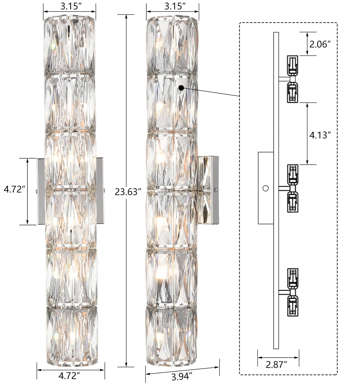 SAMTEEN Chrome Crystal Wall Sconce Contemporary 6-Light Crystal Sconces Wall Lighting Modern Nickel Wall Sconce Clear Glass Wall Light Fixture