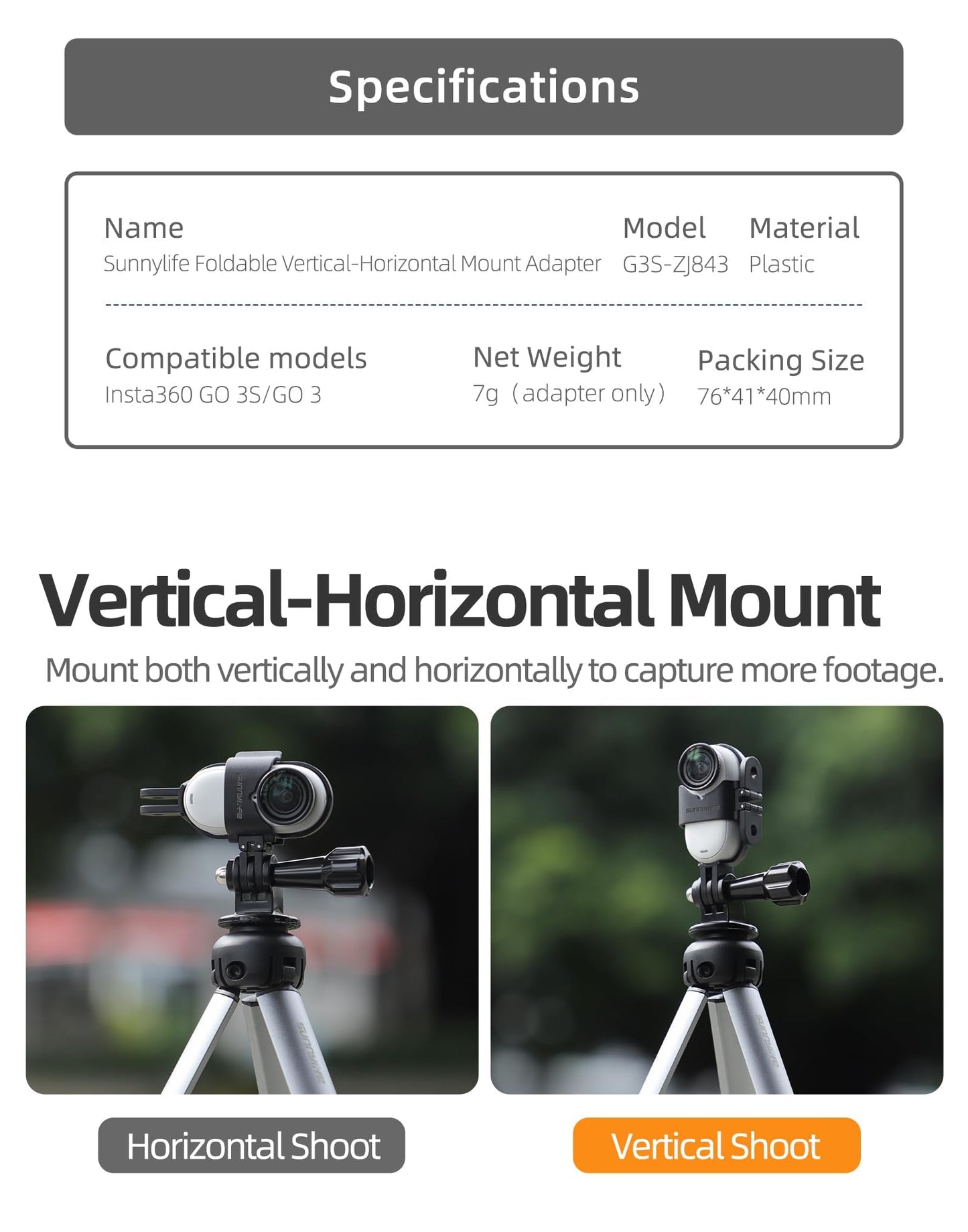 LIBOQIAO Foldable Mount Adapter for Insta360 GO 3S/GO 3 - Vertical-Horizontal Camera Stand - Compatible with Original Quick Reader - Black