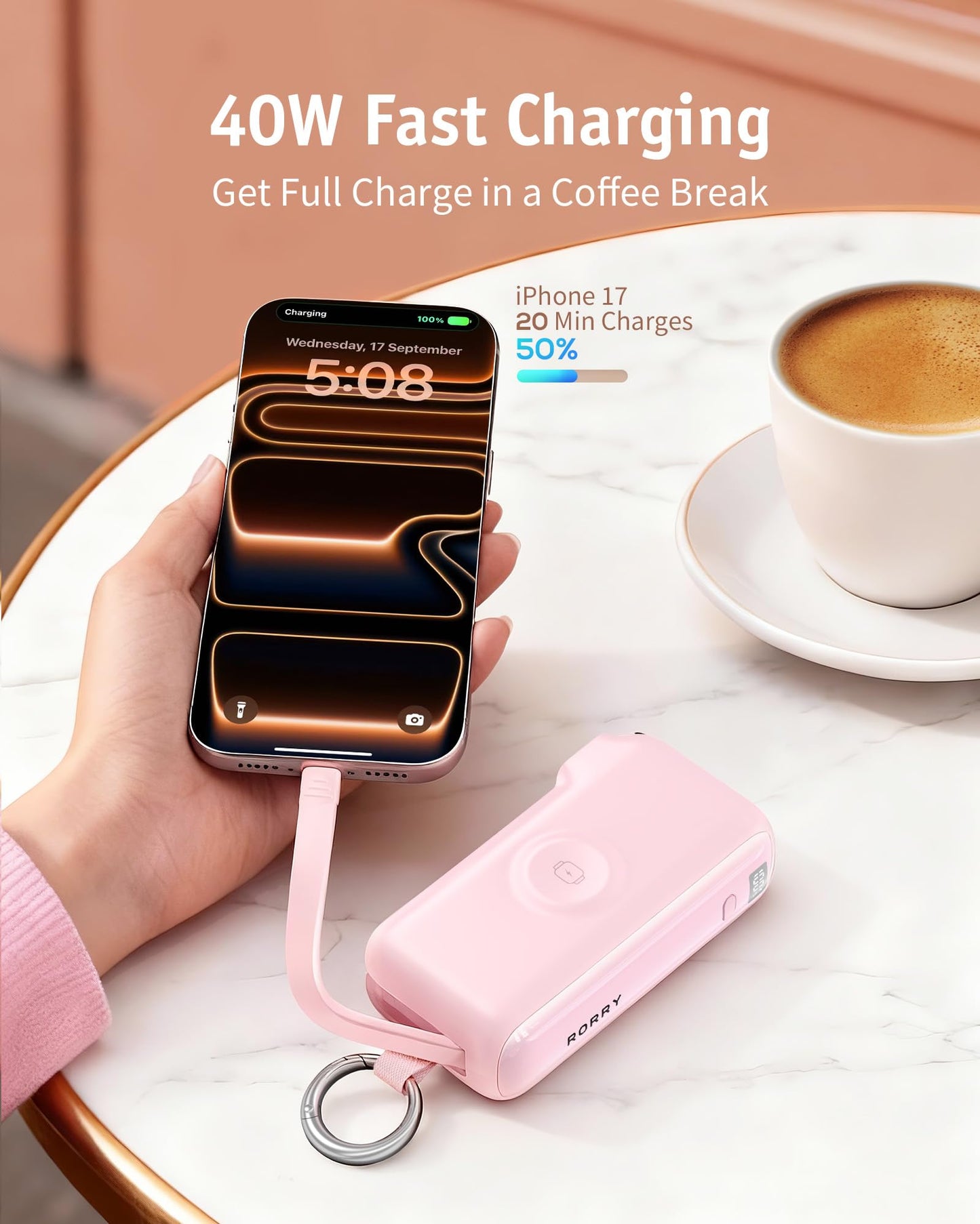 RORRY Flow Portable Charger, 10000mAh 40W Fast Charging Power Bank with Built-in USB C Cable and Foldable Wall Plug, Battery Pack Travel Essentials