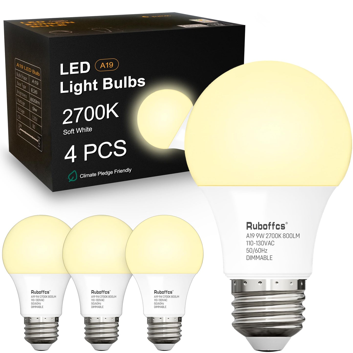Ruboffcs A19 LED Light Bulbs,Soft White 2700K,60 Watt Equivalent,4-Packs