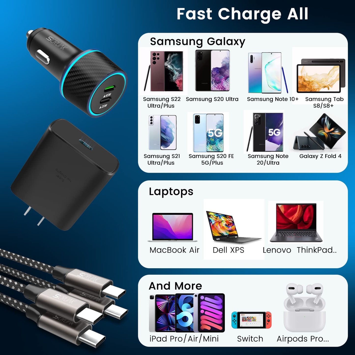 S24 S25 Ultra Charger Type C, SCRUAK 45W PPS Super Fast USB-C Wall/Car Charger for Samsung Galaxy S25 Ultra/S25+/S25/S24 Ultra/S24+/S23/S22/S20/Note