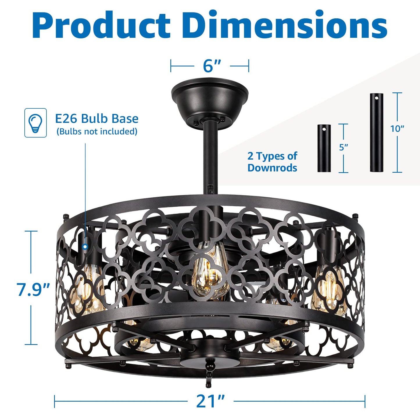 SUNVIE Caged Ceiling Fan with Lights Remote Control 21in Industrial Bladeless Enclosed Ceiling Fan Light with Reversible Motor for Bedroom Kitchen