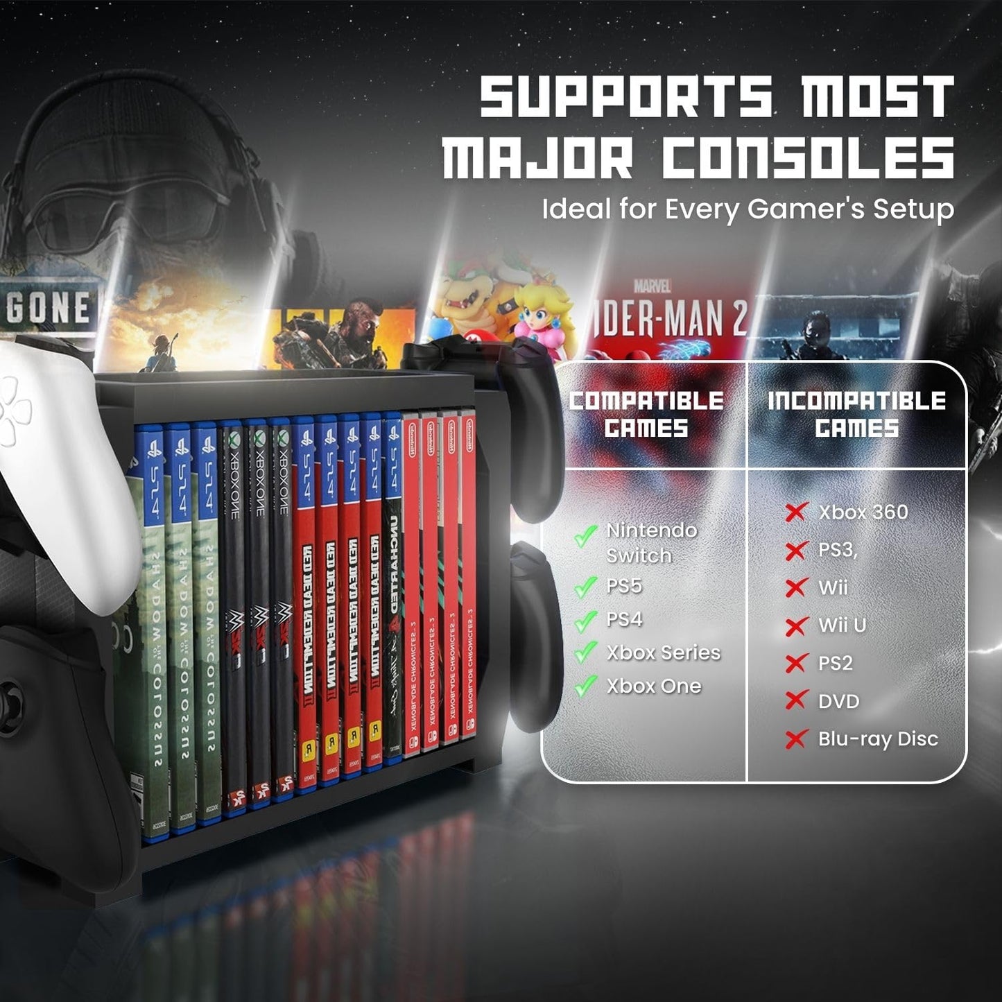TNP Games Storage Tower (Up to 15 CD Disc) For PS5 Game Disk Rack and Controller Stand Holder For Xbox Series X/Nintendo Switch/PS4 Controller Stand