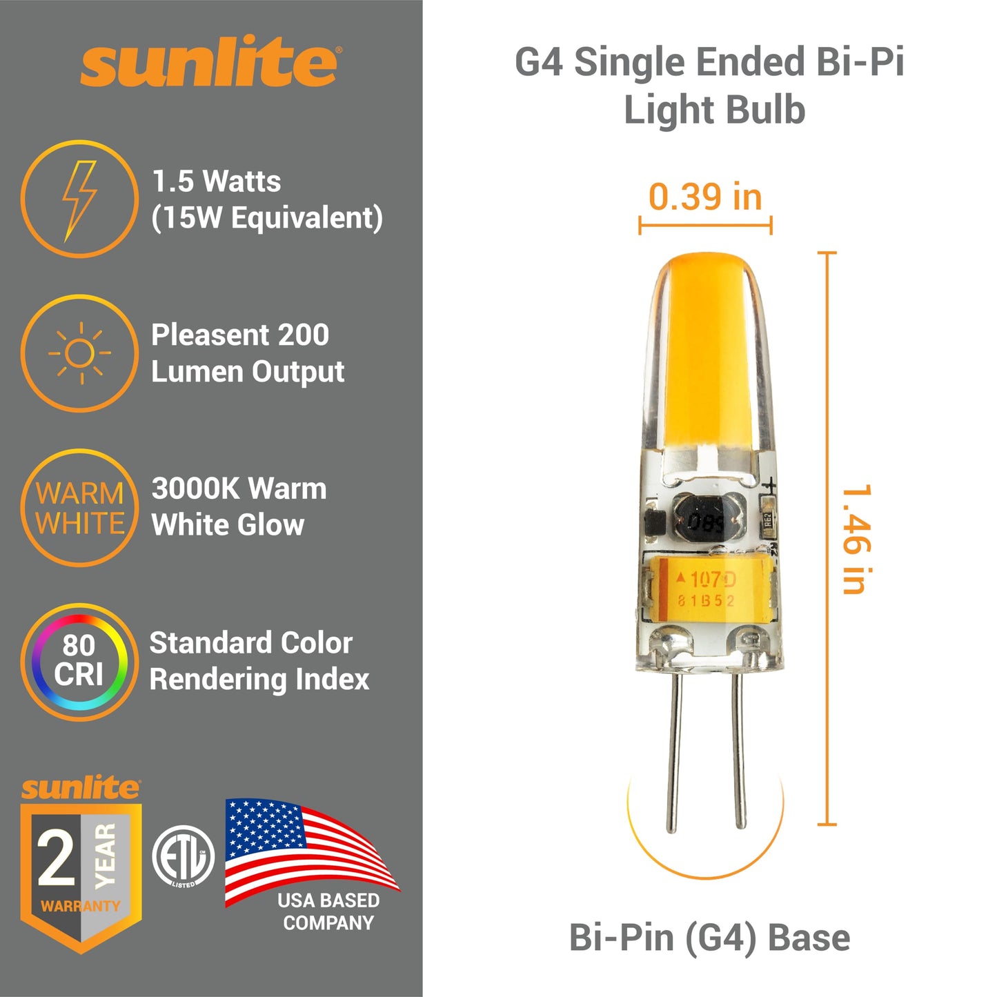 Sunlite LED G4 Single Ended Bi-Pin Light Bulb, 1.5 Watts (15W Equiv.), 200 Lumens, 3000K Warm White, 12V, 2-Pin (G4) Base, 360 Degree Beam Angle