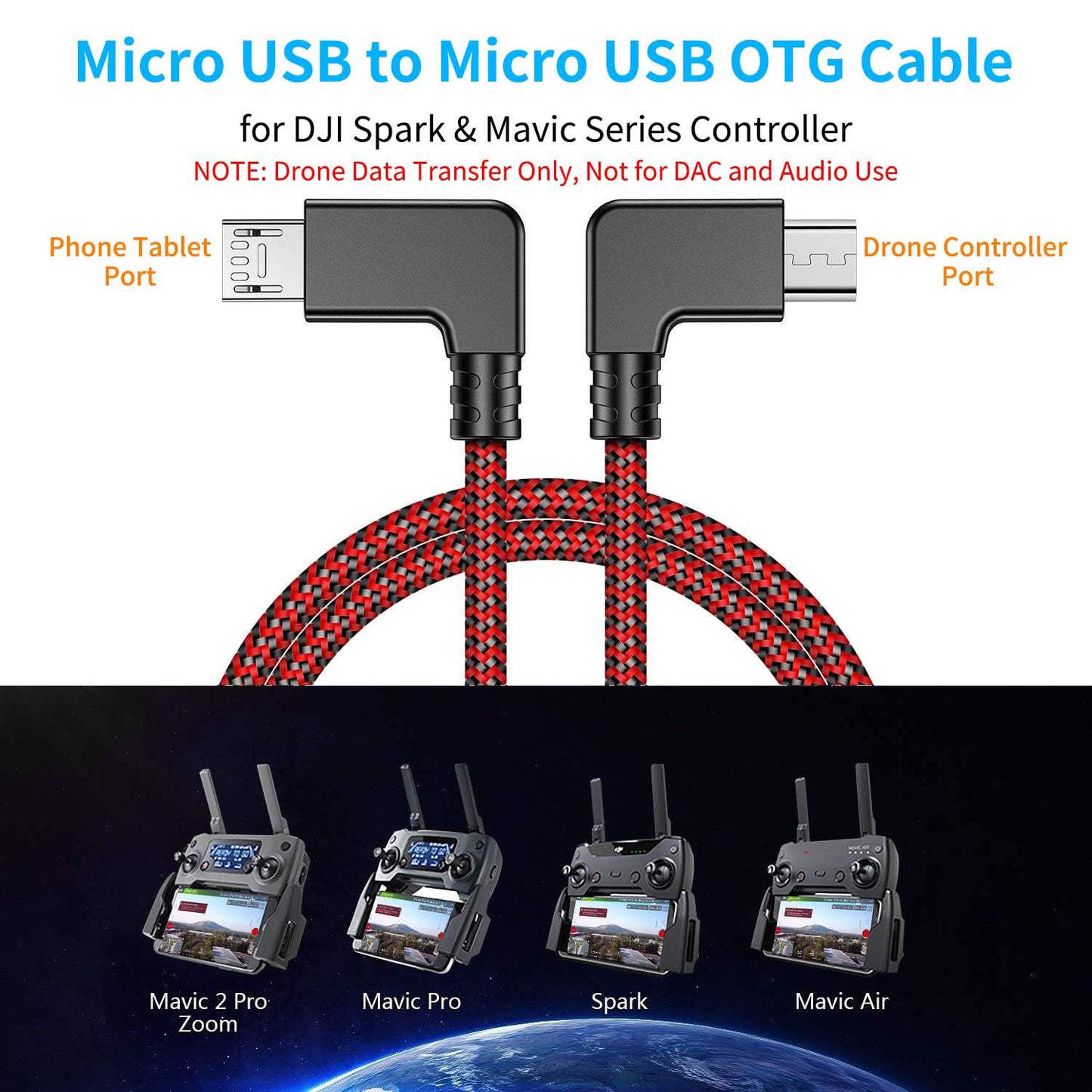 1FT 90 Degree Micro USB to Micro USB Android Phone Tablet OTG Data Cable Right Angle Connector Wire Cord for DJI Spark, Mavic Pro, Platinum, Air, 2