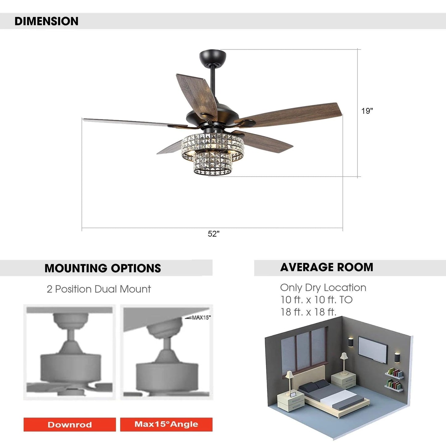 Vaczon 52 Inch Ceiling Fan with Light & Remote - Farmhouse Caged Fandelier, Crystal Mosaic Style Ceiling Fan with 6 Speeds,Reversible