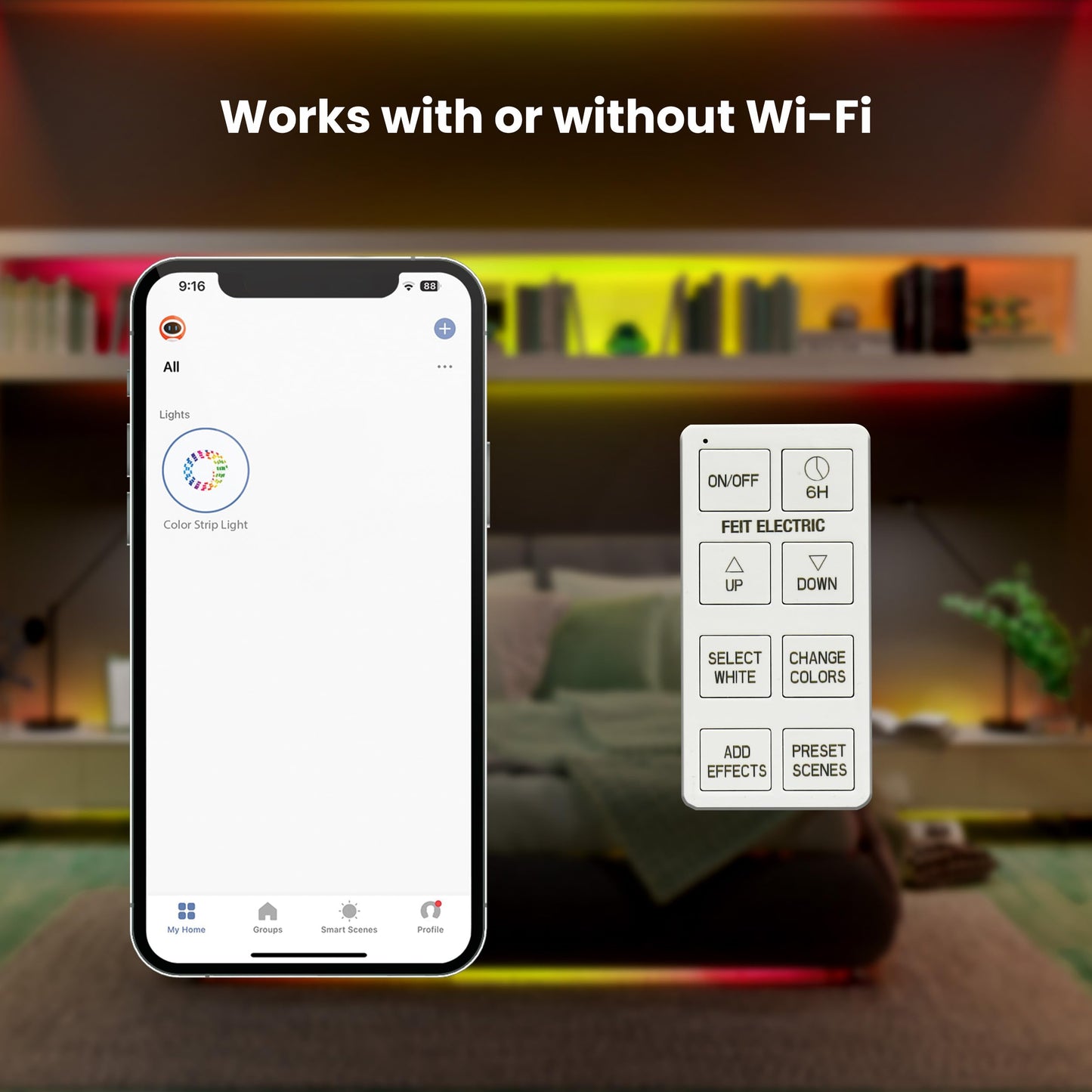 Feit Electric 10FT Smart Chasing LED Strip Light, RGB Color-Changing + Tunable White, Wi-Fi App & Remote Control, Alexa & Google Home, Linkable