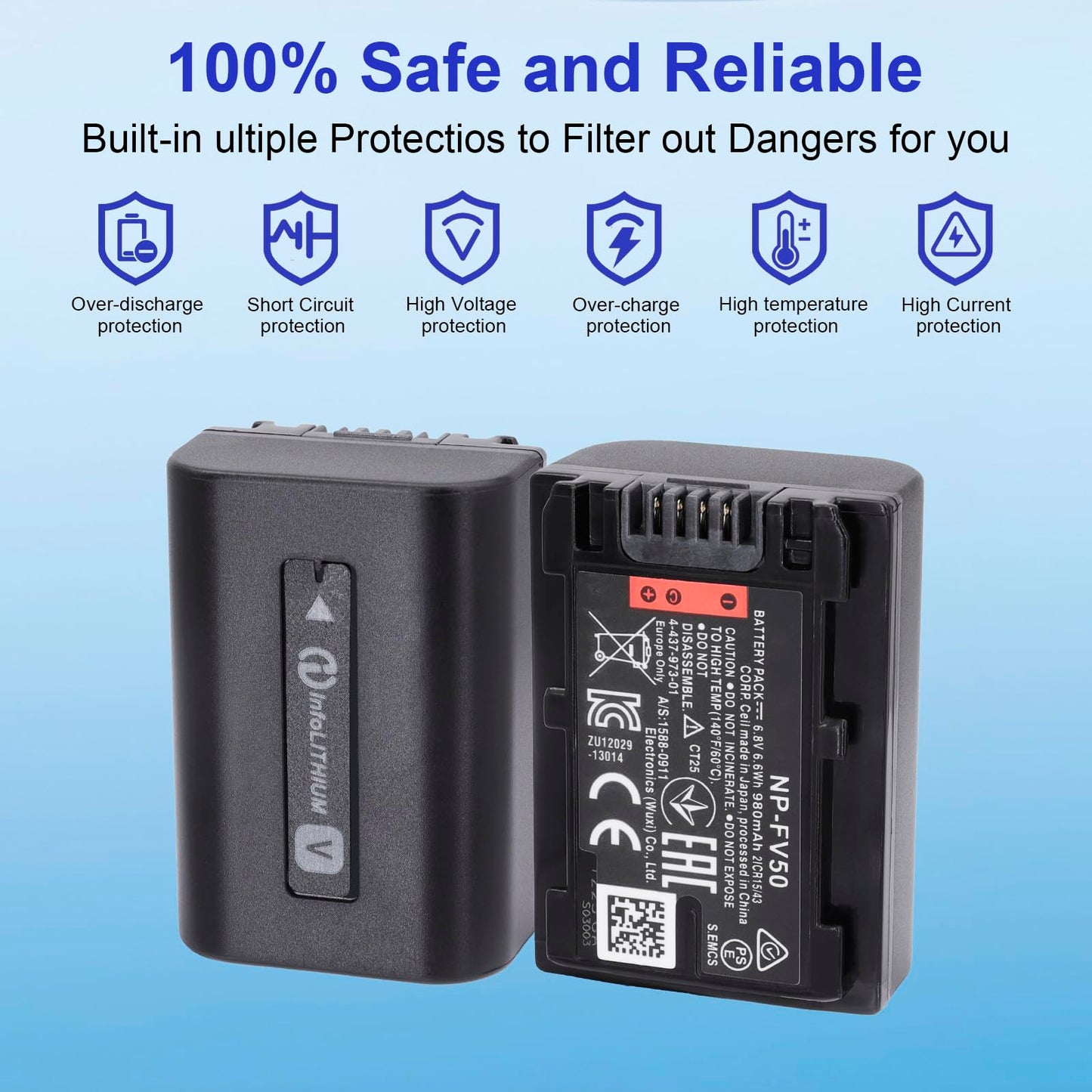 NP-FV50 NP-FV30 NP-FV40 980mAh Replacement Battery Compatible for Sony Handycam HDR-CX380 430V 900 580V 760V HDR-PJ540 650V HDR-PV710V 790V 810