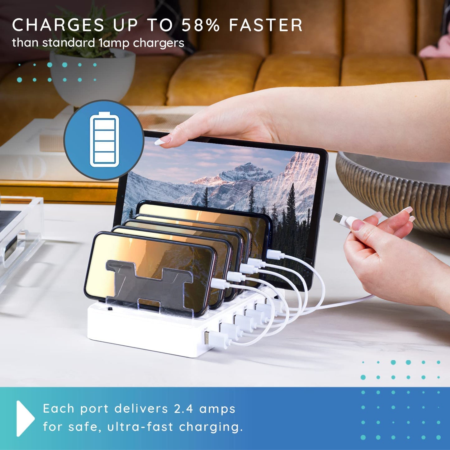 Charging Station for Multiple Devices - 6-Port USB Charging Dock for Apple & Android - Fast Multi-Charger Organizer for Phones, Tablets & More (White)