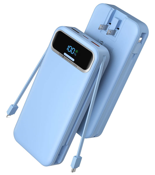 Portable Charger, 20000mAh 22.5W Fast Charging Power Bank with Built-in Cables & Wall Plug, Travel Essential External Battery Pack with LED Display