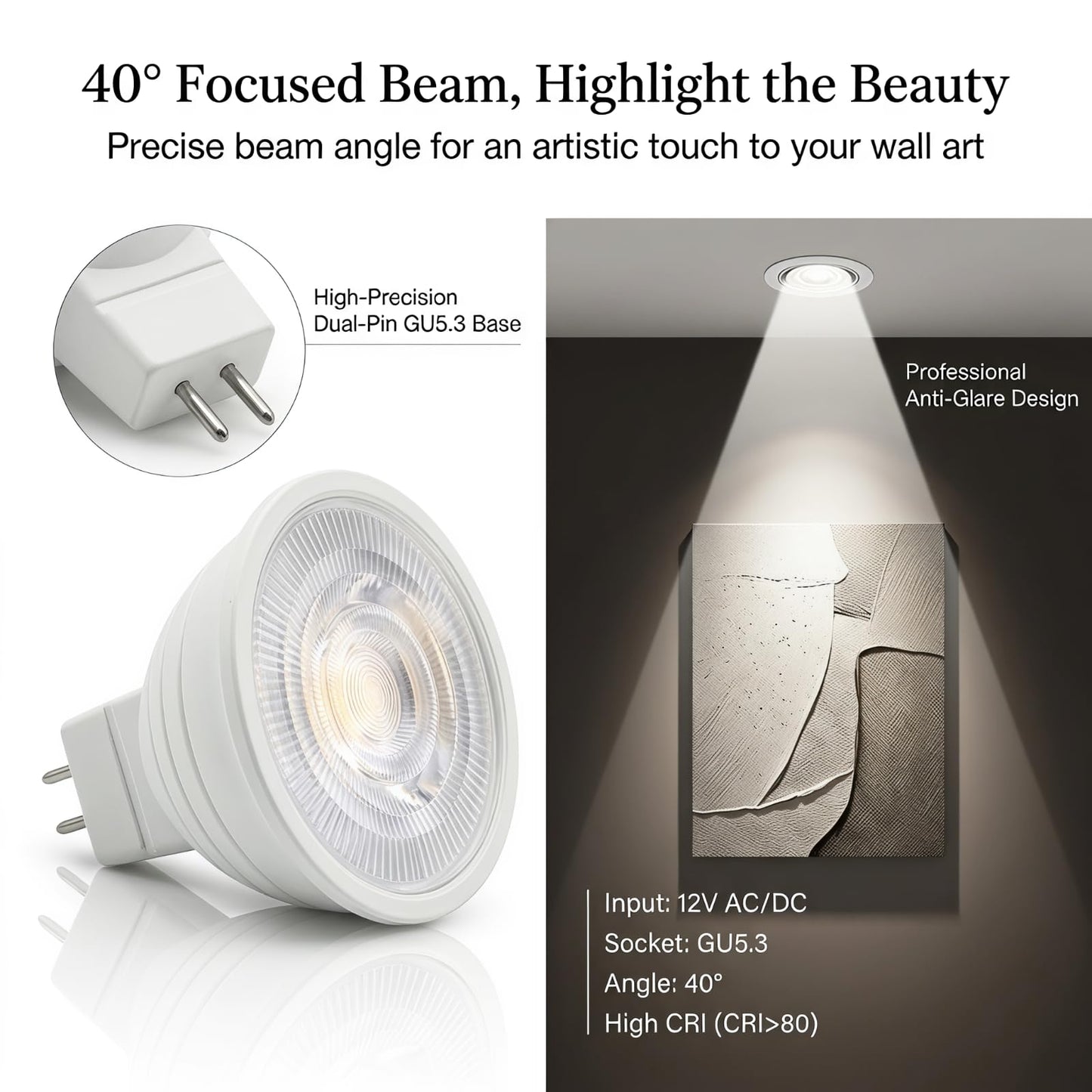 mfxmf MR16 LED Bulb Dimmable GU5.3 12V 2700K Warm White,Halogen Equivalent, 40° Beam Angle Spotlight for Landscape, Recessed & Track Lighting 4 Pack