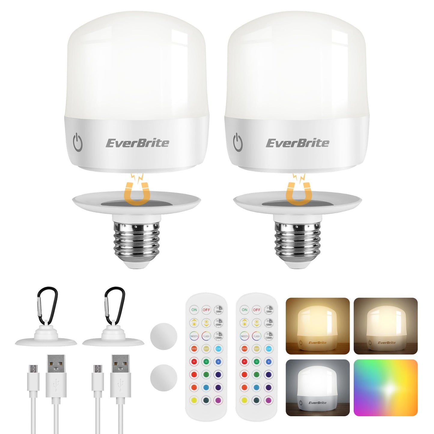 EverBrite E26 Rechargeable Light Bulbs, Remote & Touch Control, 2-Pack